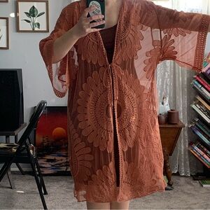 Elegant Lace Kimono Festival Cardigan in Rust